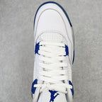 White mid-top sneaker with blue lace tabs and textured toe panel