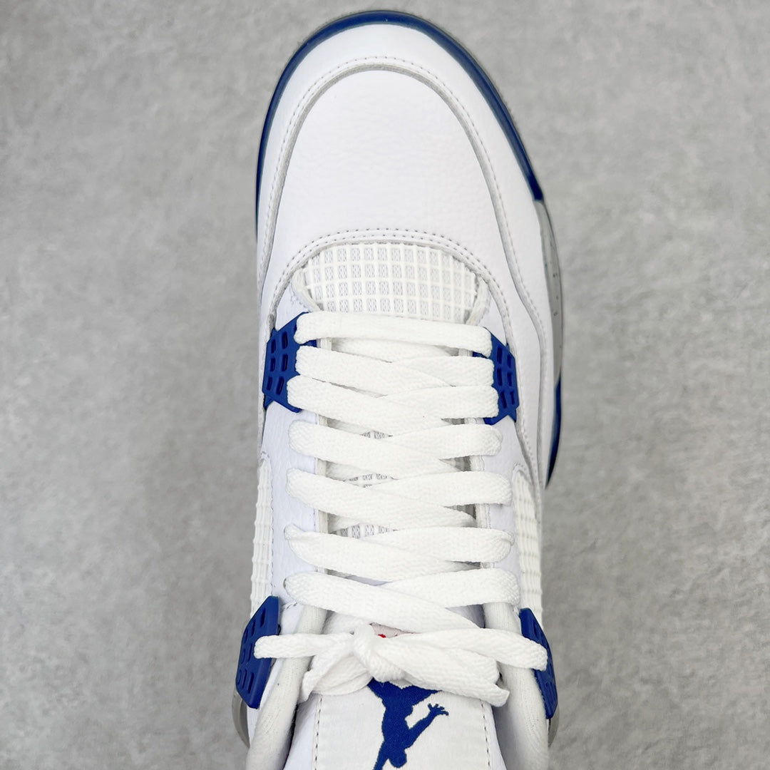 White mid-top sneaker with blue lace tabs and textured toe panel