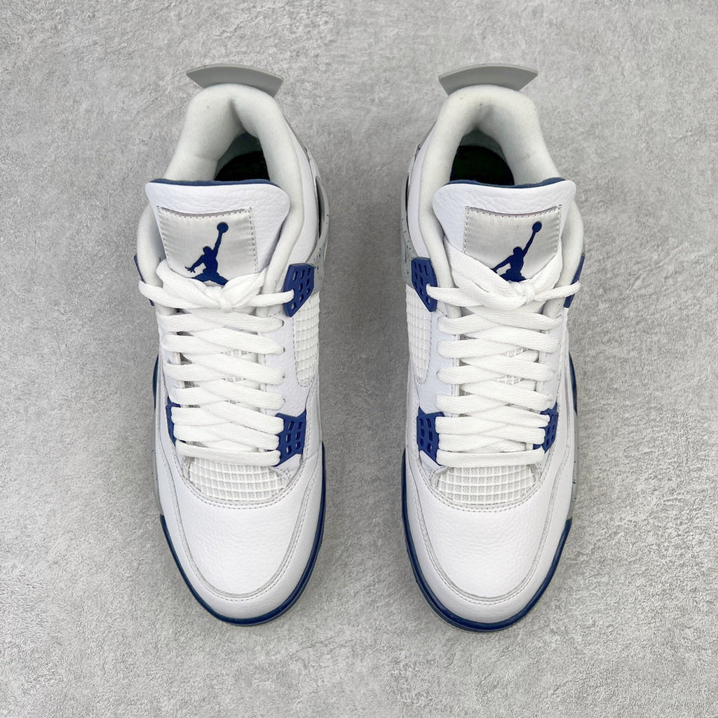 Pair of white mid-top sneakers with blue lace panels and navy heel collar