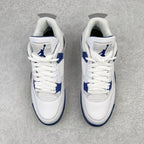 Pair of white mid-top sneakers with blue lace panels and navy heel collar