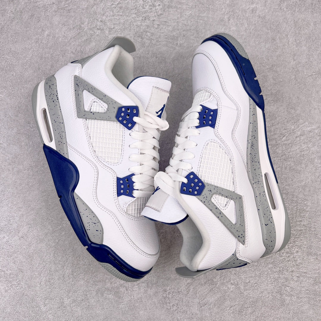 Two white mid-top sneakers with navy side panels and blue lace hardware