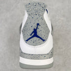 White sneaker heel view with blue Jumpman logo and speckled gray heel panel