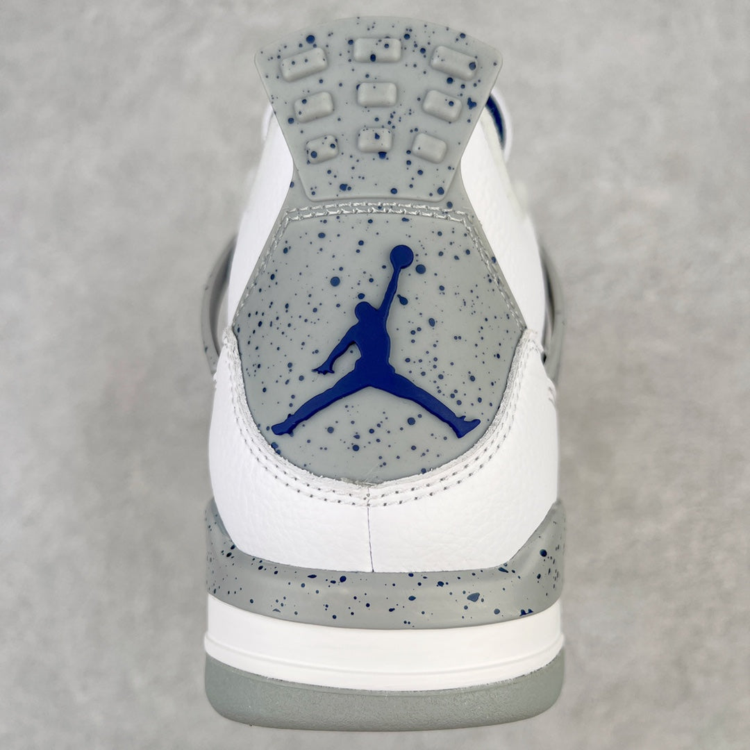 White sneaker heel view with blue Jumpman logo and speckled gray heel panel