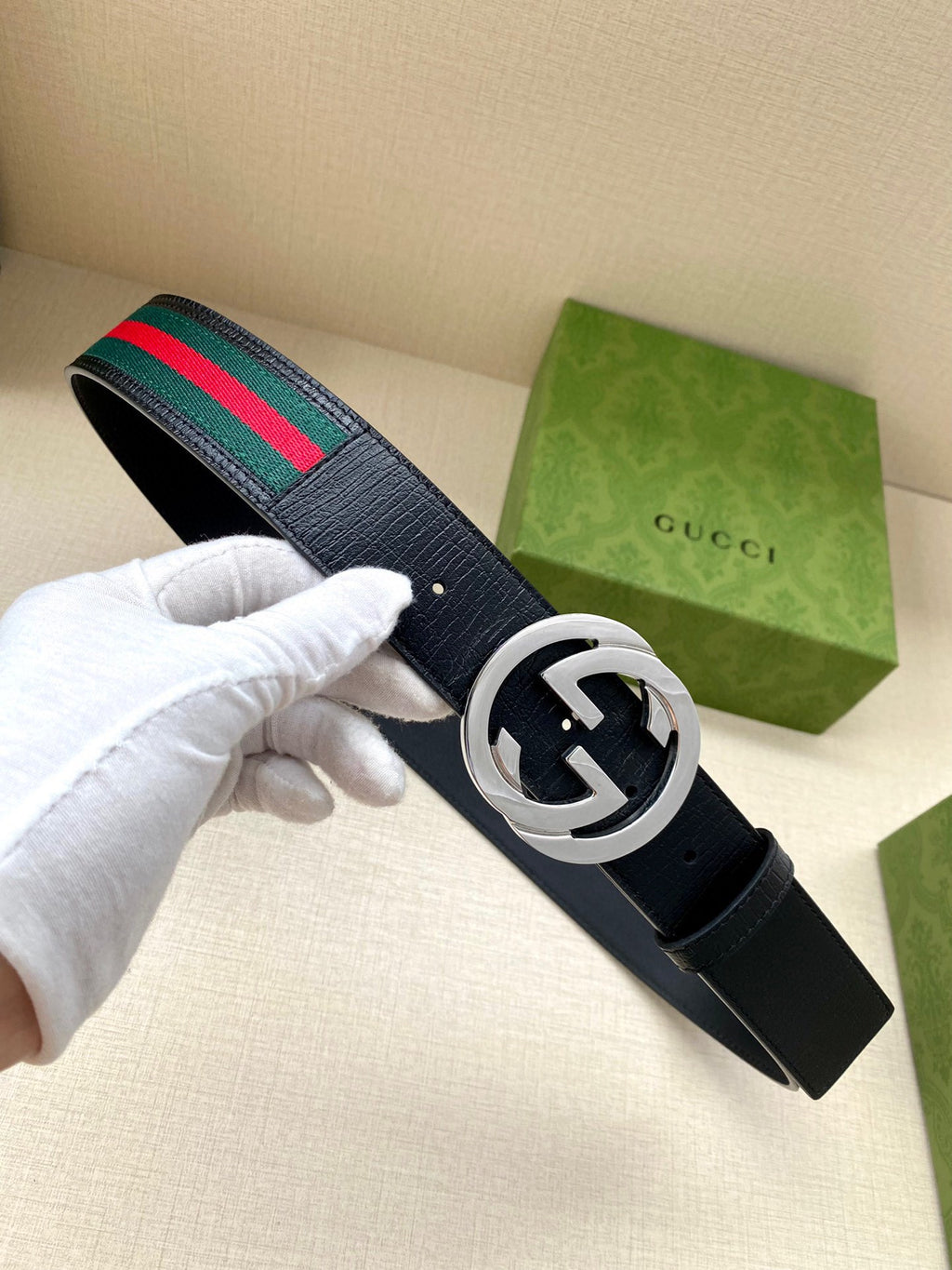 Gucci belt, dark navy leather, multicolor stripe, silver double-G buckle