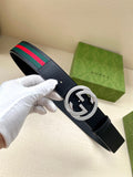Gucci belt, dark navy leather, multicolor stripe, silver double-G buckle