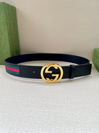 Gucci belt, navy leather with multicolor stripe, gold double-G buckle