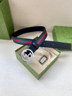 Gucci belt with navy strap, multicolor web stripe, silver double-G buckle