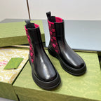 Black chelsea boots with pink GG patterned elastic panels and cushioned platform sole