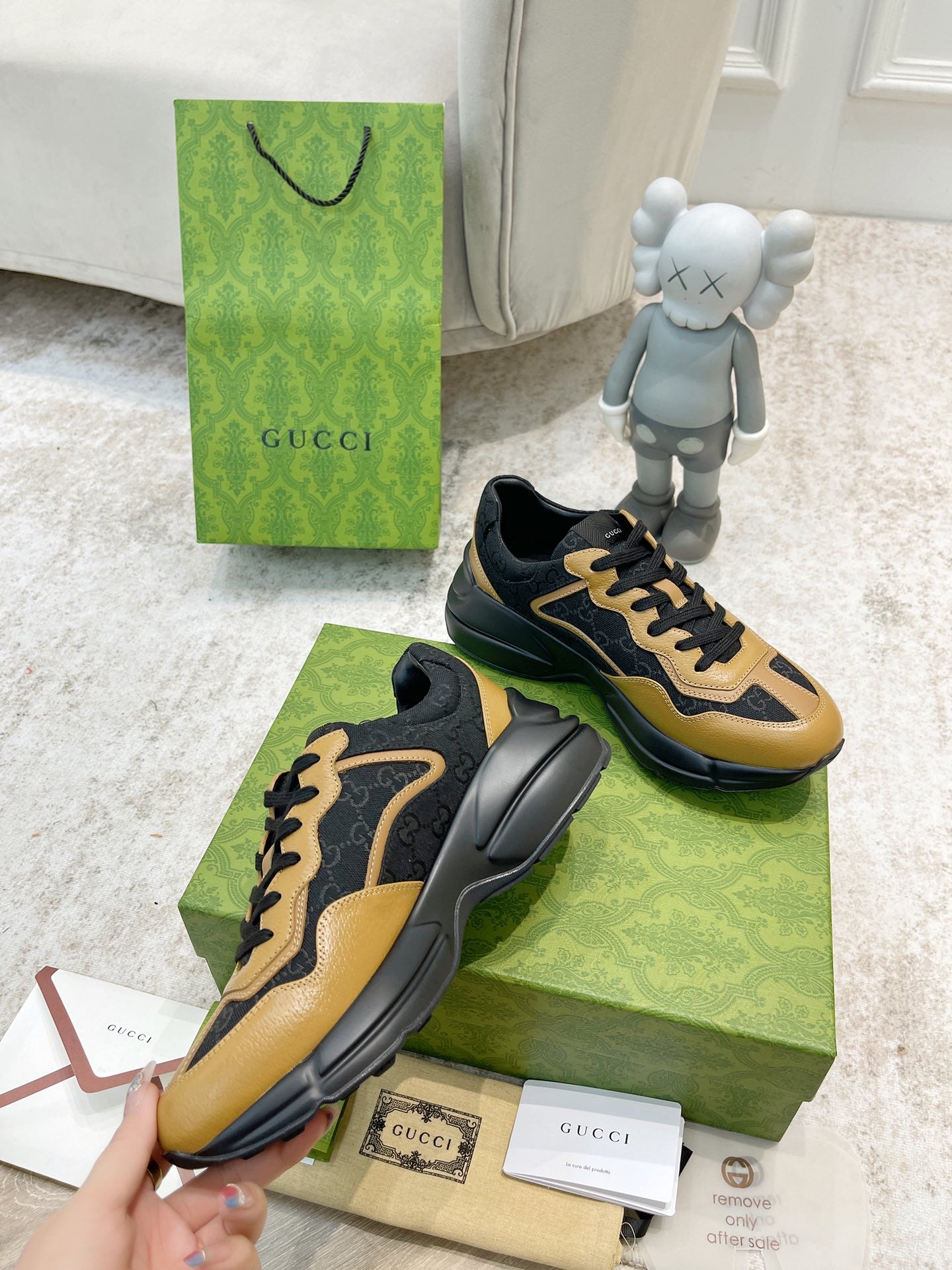 Gucci unisex low-top sneaker, black and tan lace-up with oversized tread sole