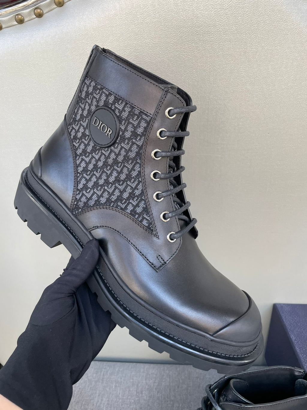Dark Dior lace-up ankle boots with monogram inlay and round toe, lace eyelets