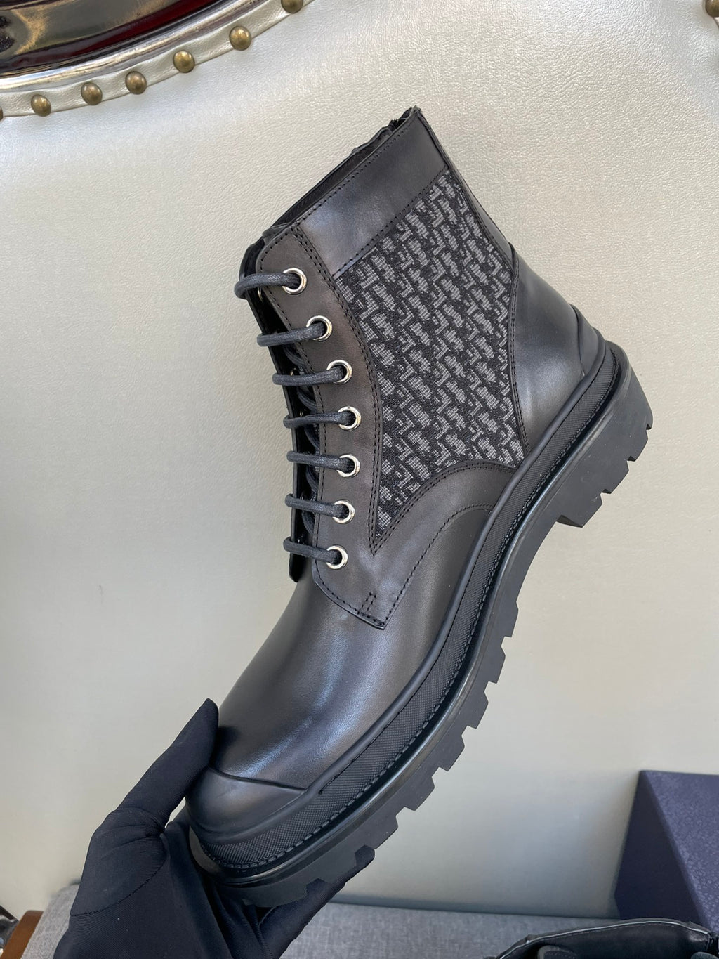 Dark Dior lace-up ankle boots with side monogram panel and thick rubber sole