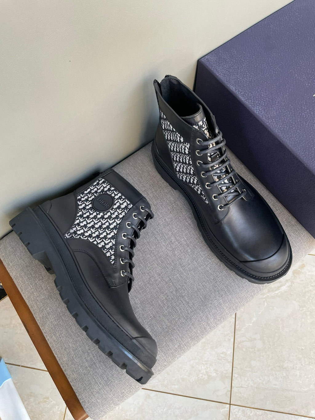 Unisex Dior lace-up ankle boots with monogram knit panel and chunky rubber sole