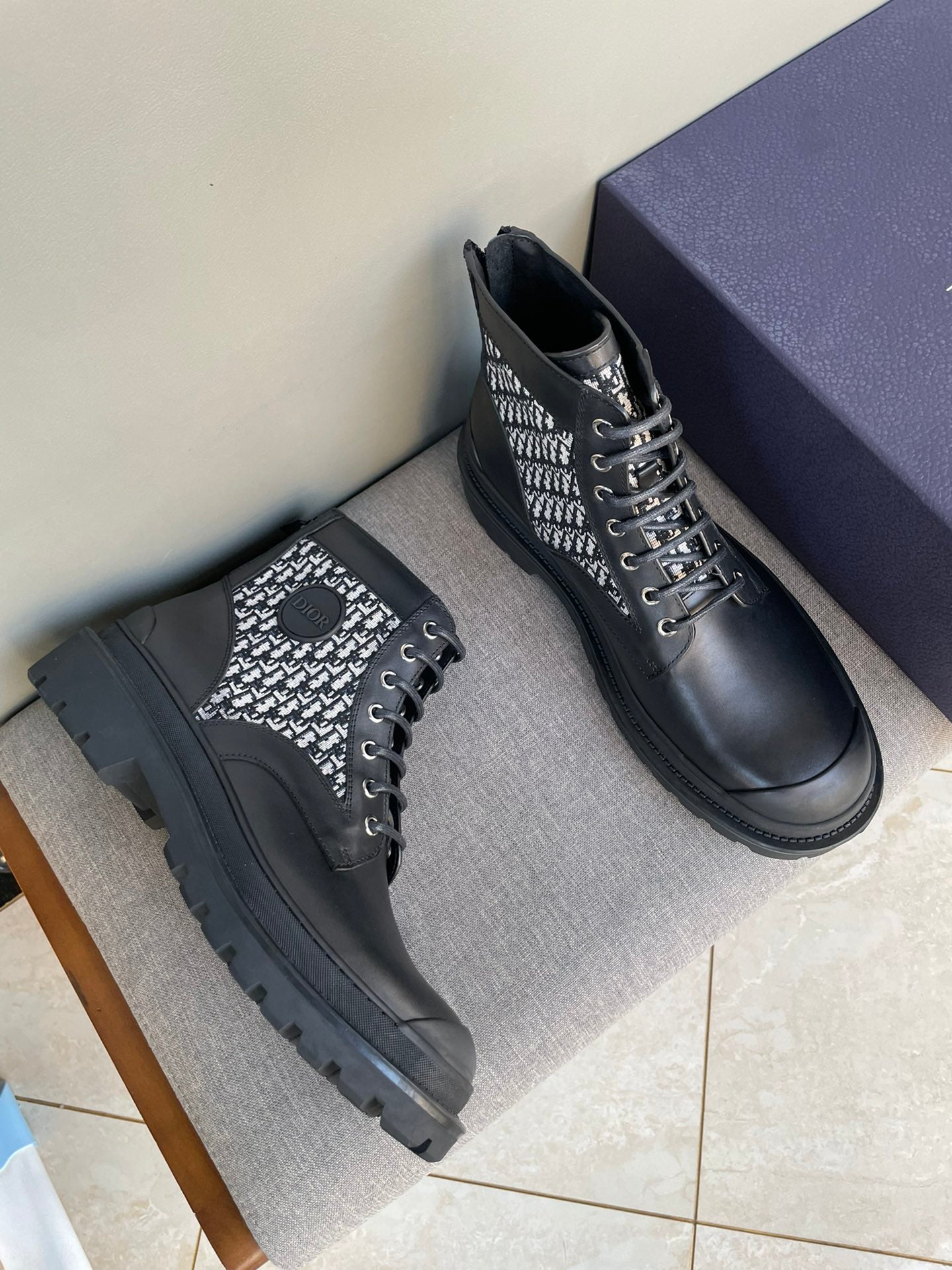 Unisex Dior lace-up ankle boots with monogram knit panel and chunky rubber sole