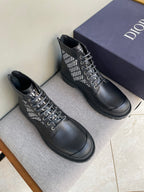 Unisex Dior lace-up ankle boots, black leather with monogram knit side panels