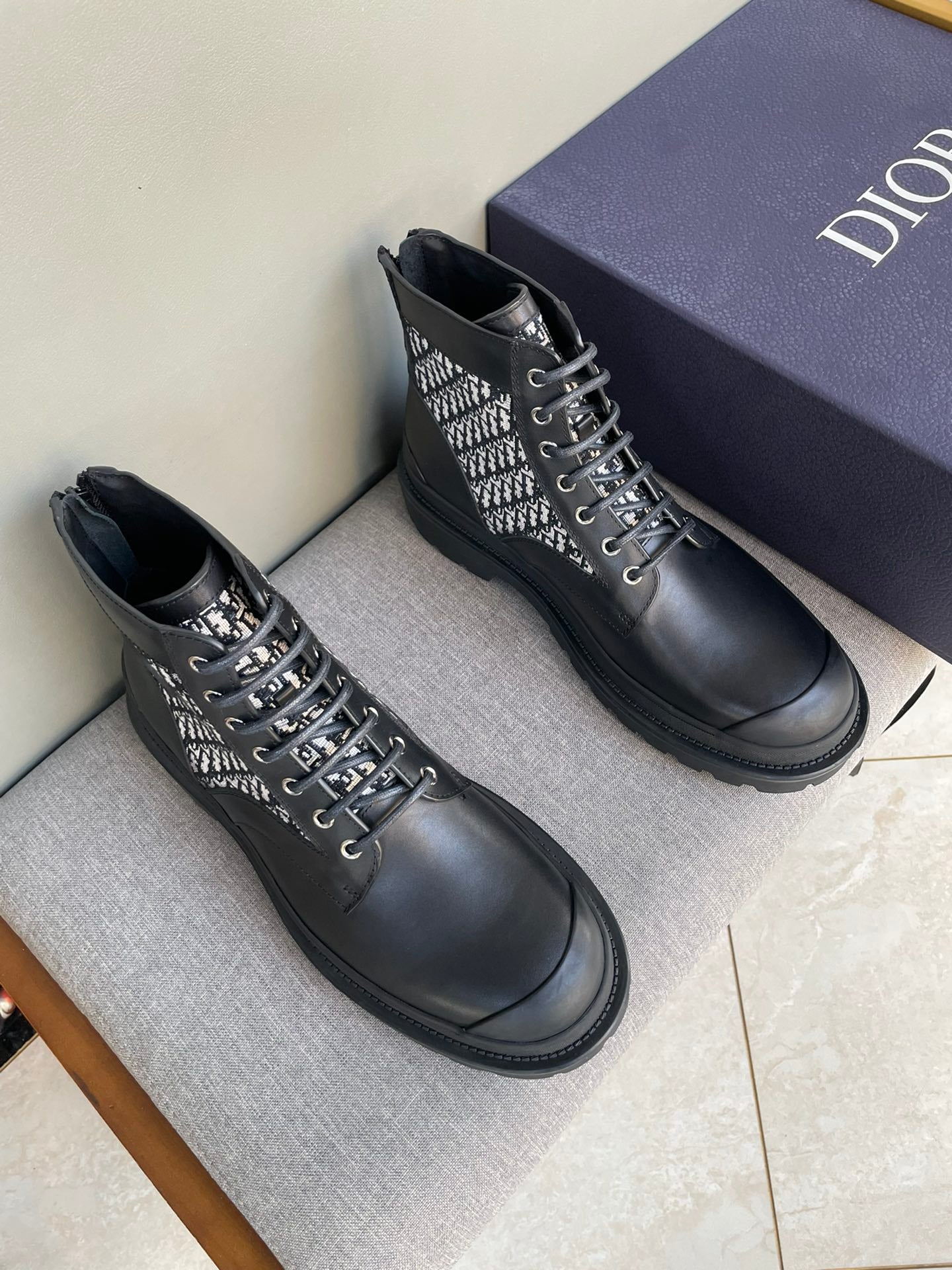 Unisex Dior lace-up ankle boots, black leather with monogram knit side panels