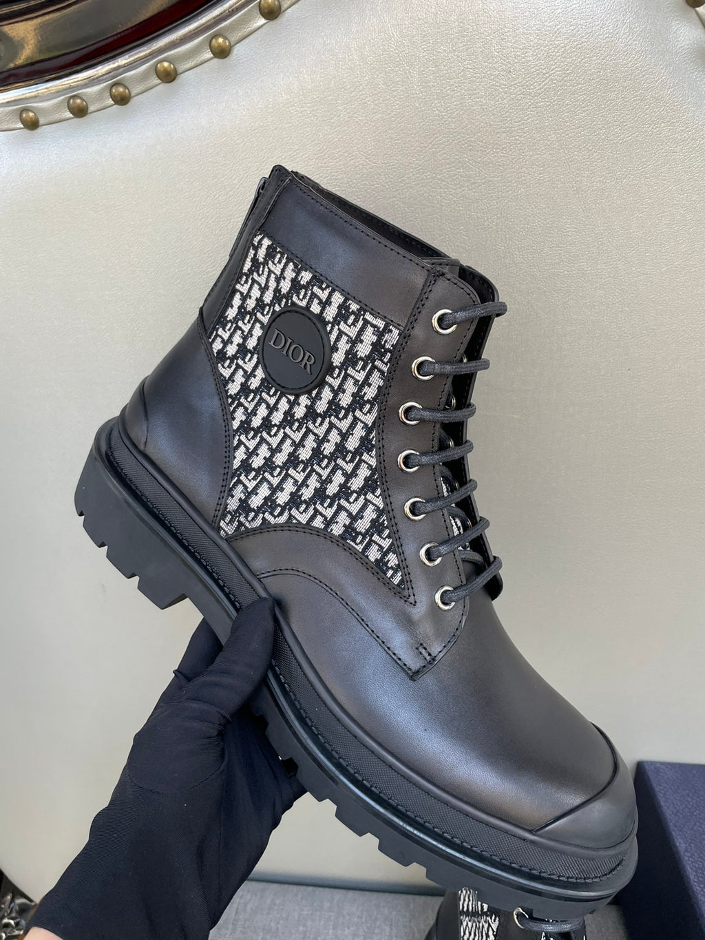 Dior lace-up ankle boot with black leather toe and monogram knit side panel