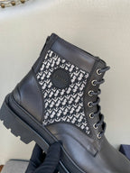 Dior lace-up ankle boot close-up, monogram knit insert and black leather upper