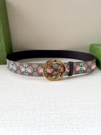 Gucci belt with GG canvas floral print and dark leather, gold-toned interlocking buckle