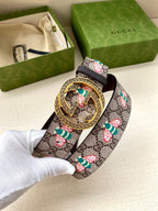 Gucci belt with GG canvas floral print and dark leather, gold-toned buckle on box