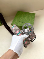 Gucci belt on box: GG canvas with multicolor floral print and silver-toned buckle