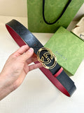 Gucci logo leather belt with round GG buckle, dark navy and red trim