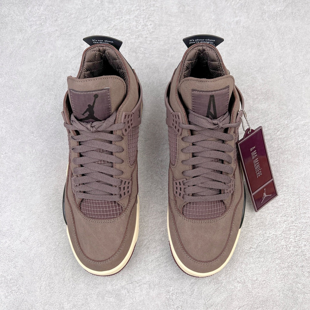 Jordan 4 retro sneaker pair, taupe upper with lace-up front and mesh panels