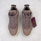 Jordan 4 retro sneaker pair, taupe upper with lace-up front and mesh panels