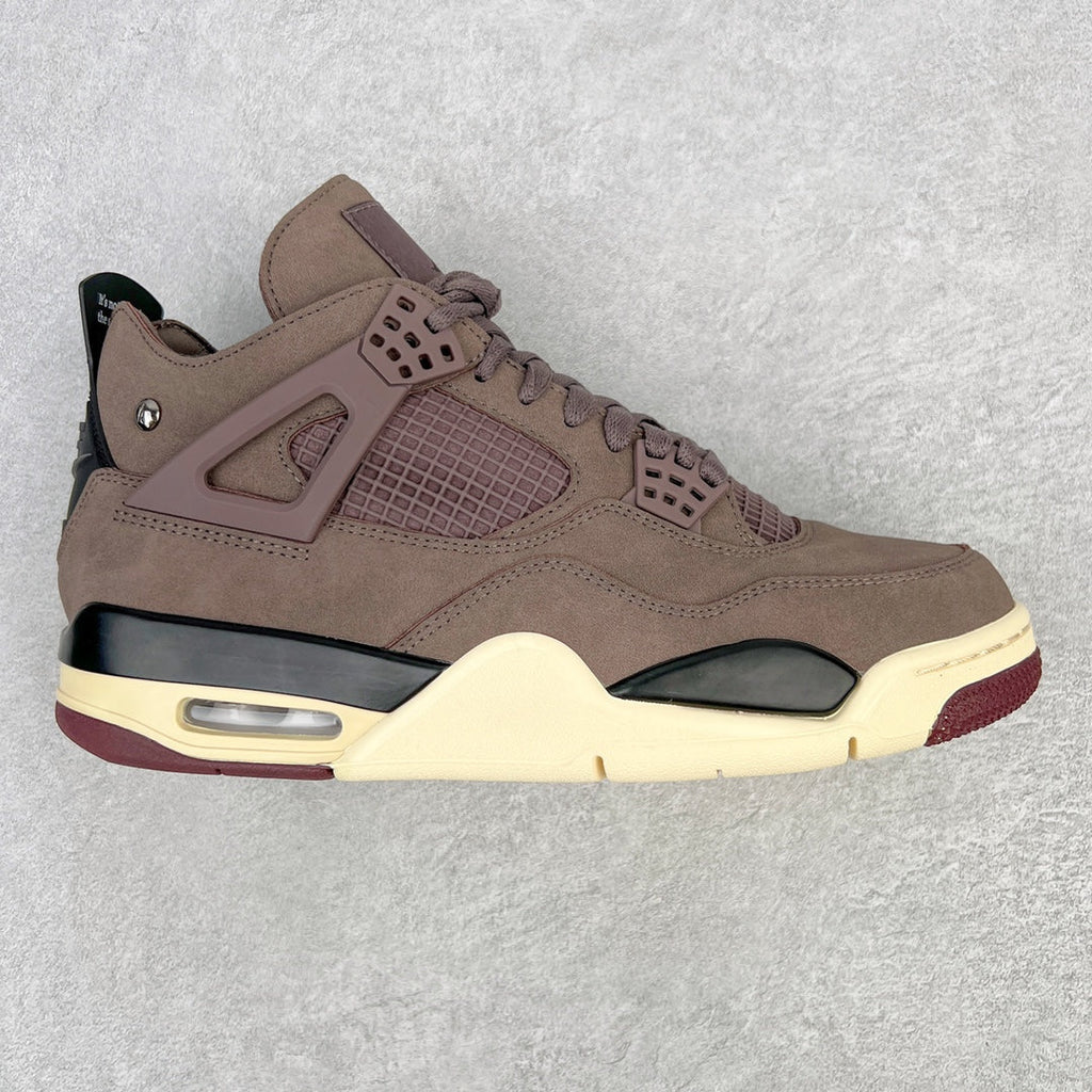 Jordan 4 retro sneaker in taupe suede with violet ore laces and cream midsole