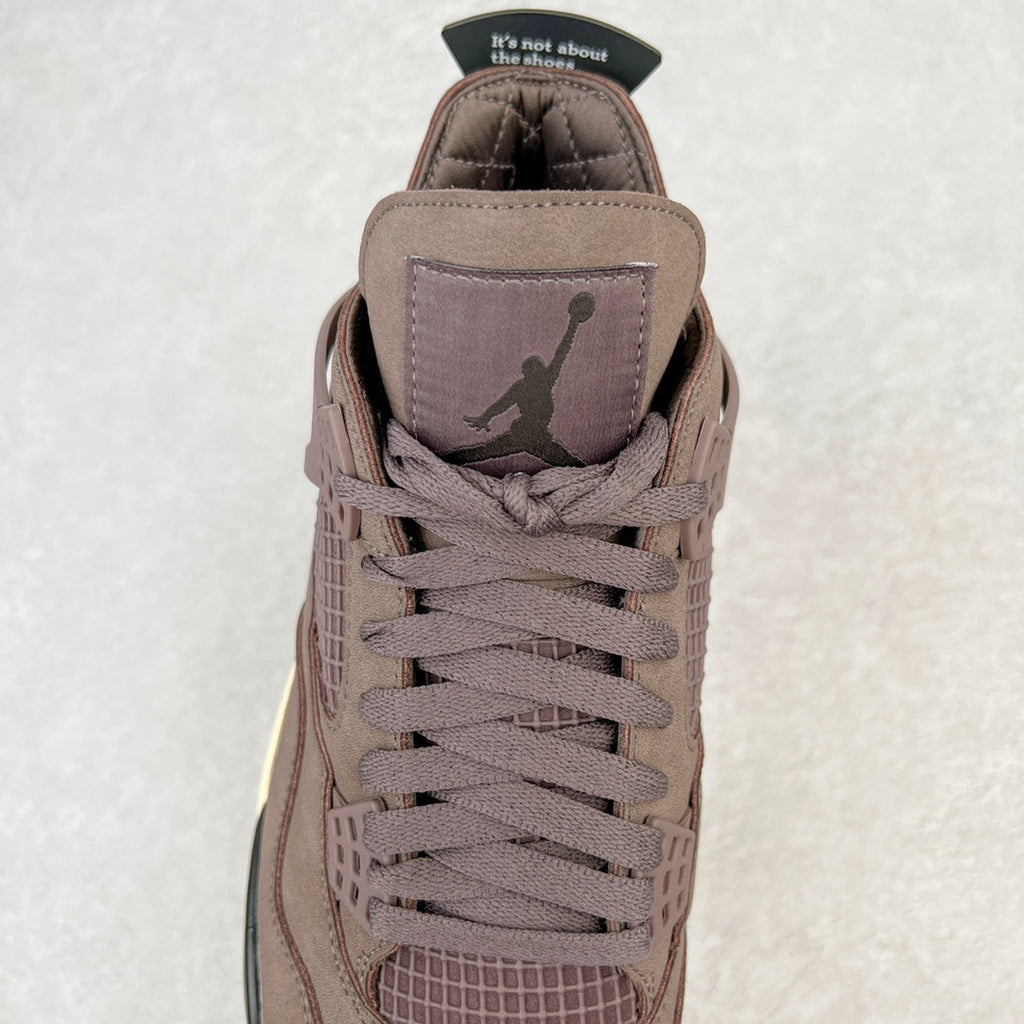 Jordan 4 retro sneaker tongue view with lace-up front and Jordan logo patch