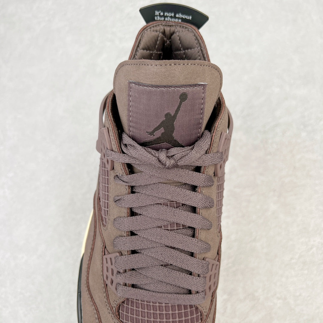 Jordan 4 retro sneaker tongue view with lace-up front and Jordan logo patch