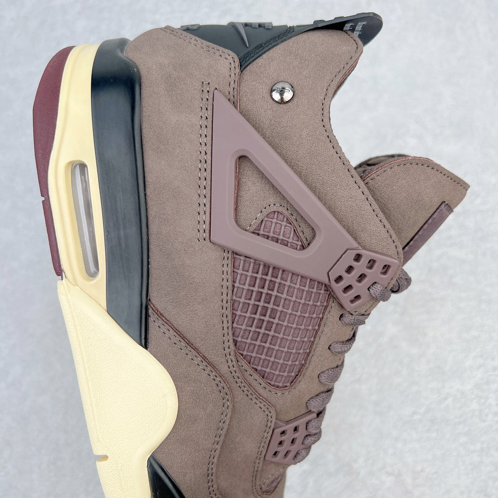 Jordan 4 retro sneaker quarter view with air sole unit and taupe suede overlays