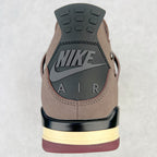 Jordan 4 retro sneaker heel view with Nike Air branding on taupe suede