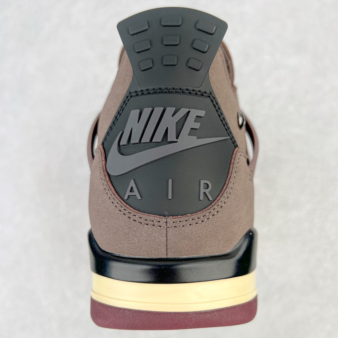 Jordan 4 retro sneaker heel view with Nike Air branding on taupe suede