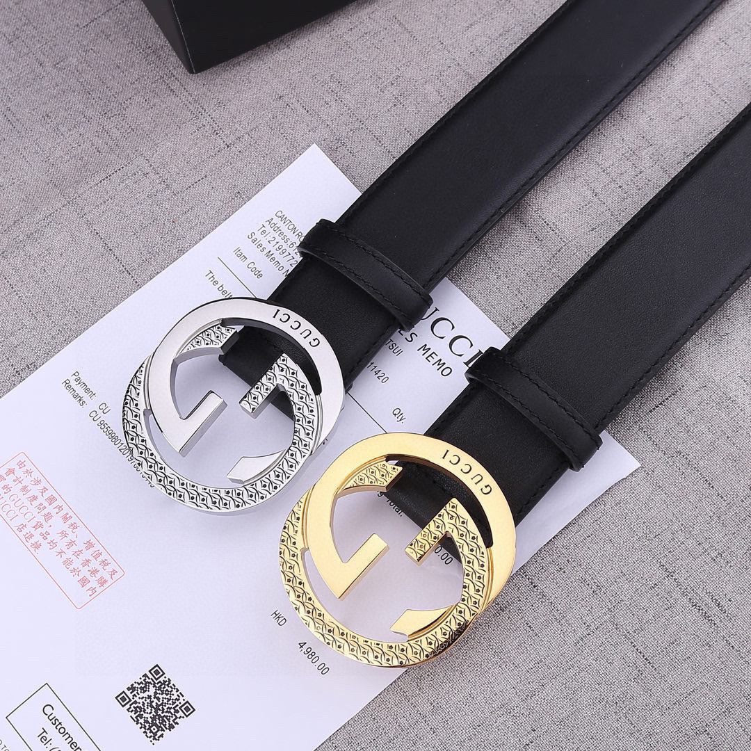 Black leather belt set with silver and gold-toned GG-style round buckles