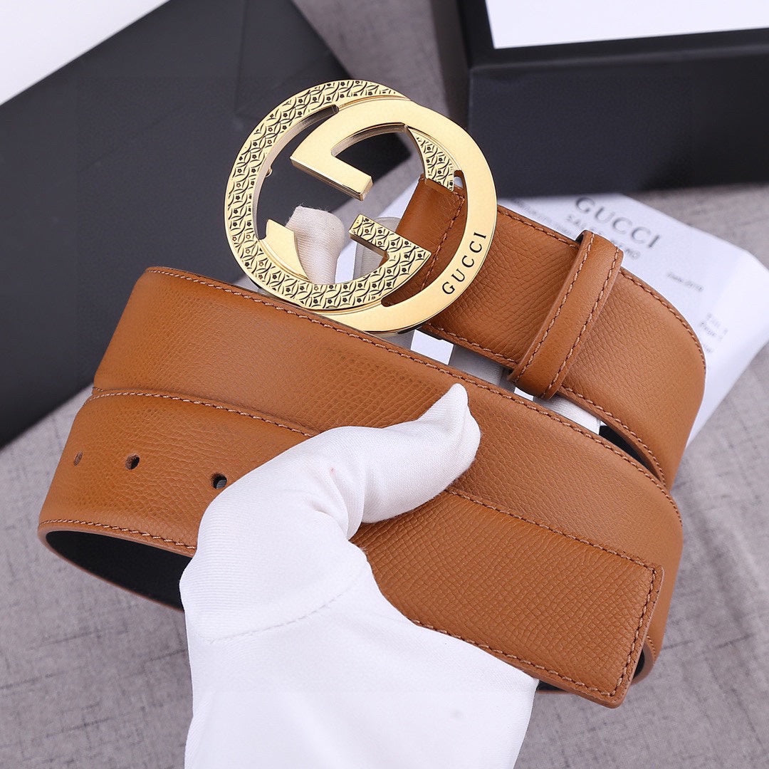 Gucci tan leather belt with wide strap and gold-tone round GG buckle