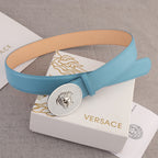 Light blue leather belt with round silver-tone medallion buckle and belt loops