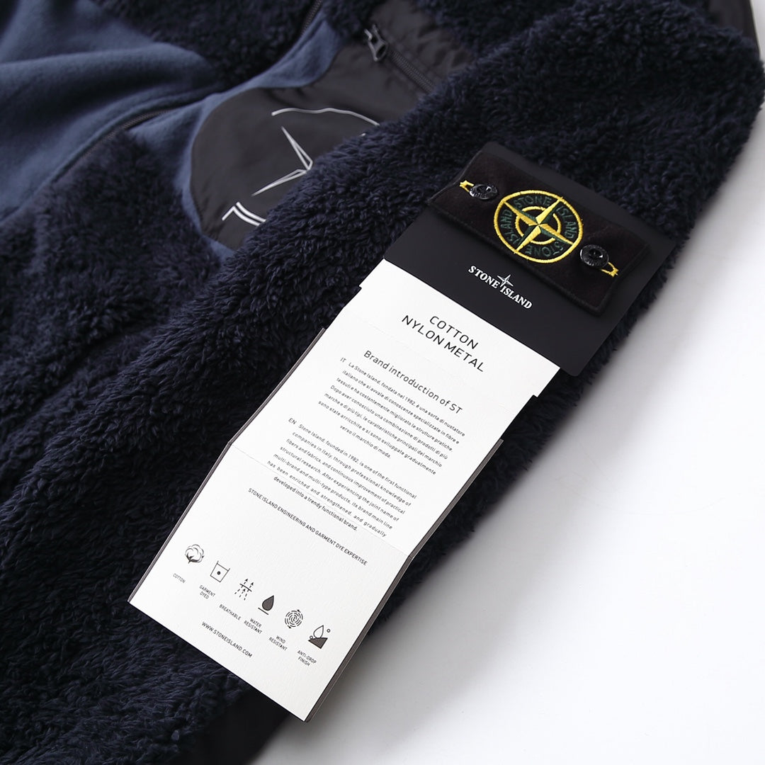 Fleece jacket care label with Stone Island emblem patch