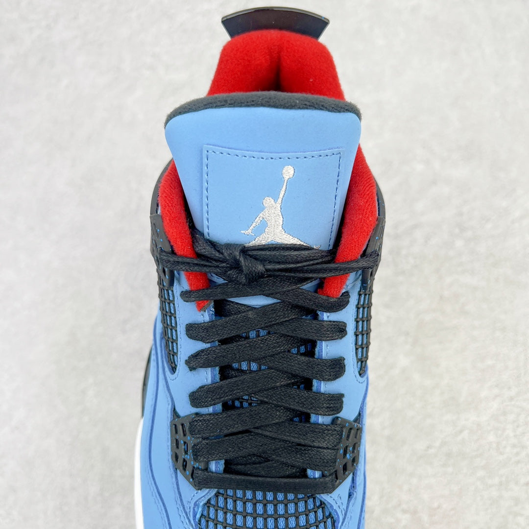 Light blue sneaker back with red collar lining, black laces, and white Jumpman graphic