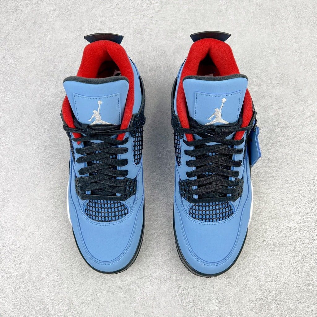 Pair of light blue sneakers with red lining, black laces, and cushioned collar