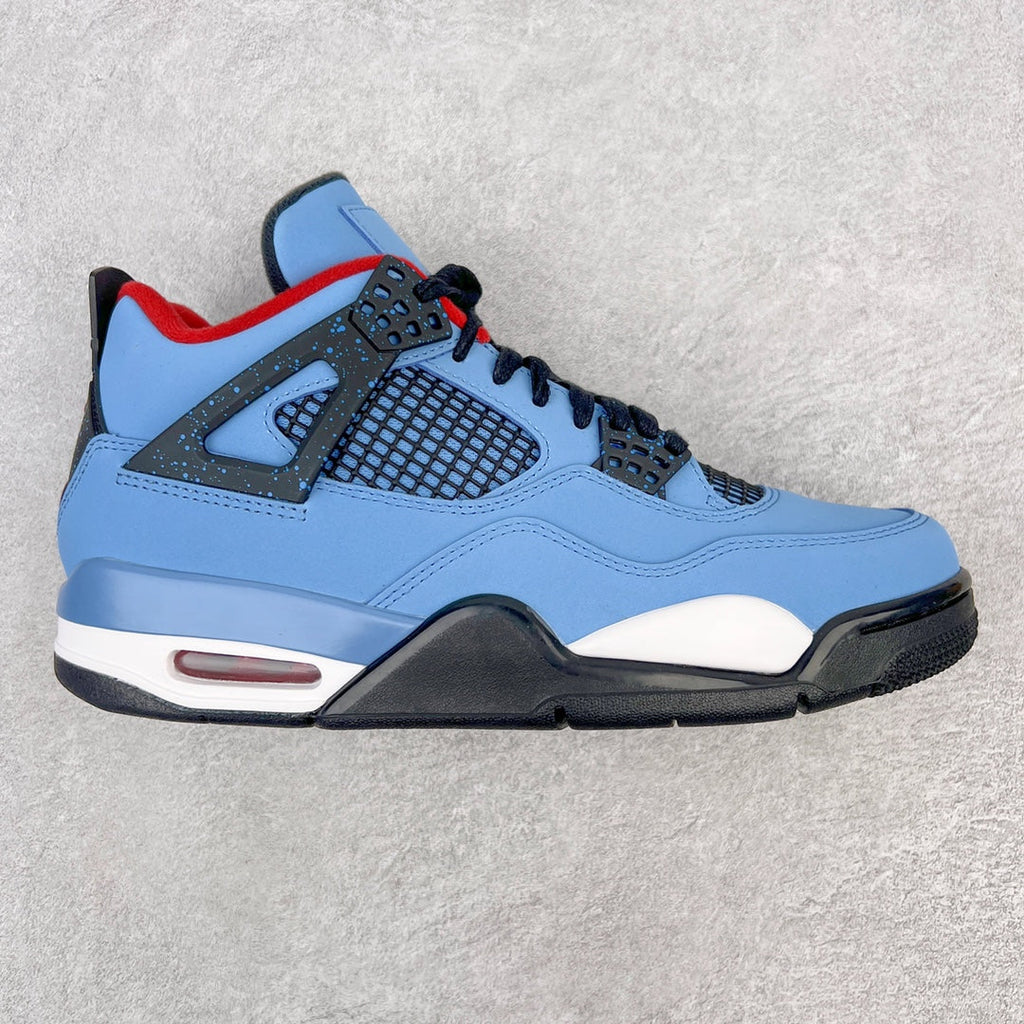 Light blue Air Jordan 4 sneakers with black mesh panels, red accents, and dark sole