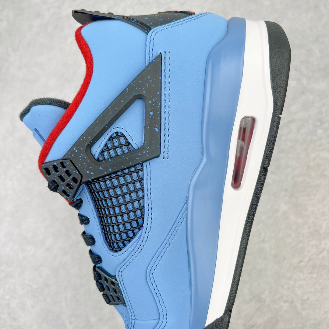 Light blue Air Jordan 4 sneaker profile with black lace panel, black sole, and red collar