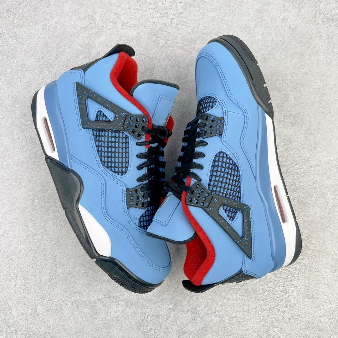 Light blue Air Jordan 4 sneakers with black net panels, red tongue trim, and rubber sole