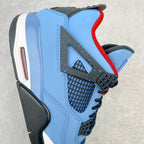 Light blue sneaker side with black strap details, black mesh panel, and red accent