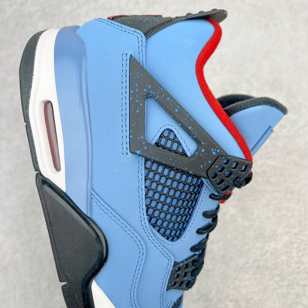 Light blue sneaker side with black strap details, black mesh panel, and red accent