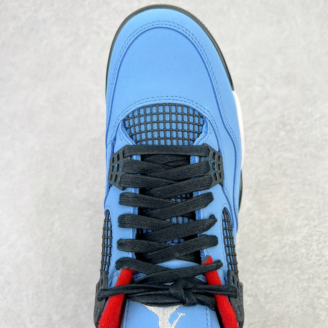 Light blue sneaker front with black laces, black mesh panel, and red heel detail