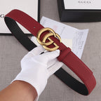 Red leather belt with gold double-G buckle, black underside and belt holes