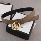 Brown leather belt with gold-tone GG buckle and smooth strap body