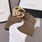 Brown leather belt with gold-tone double G buckle and wide strap