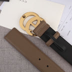Brown leather belt with gold-tone buckle and two strap lengths with holes