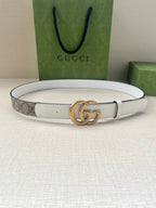 White leather Gucci belt with gold-tone double G buckle